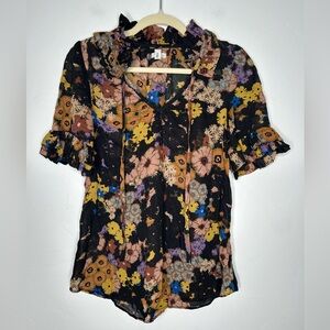 Odille Multicolor Dark Floral Ruffle Blouse Top Size 2 Office Spring Bohemian